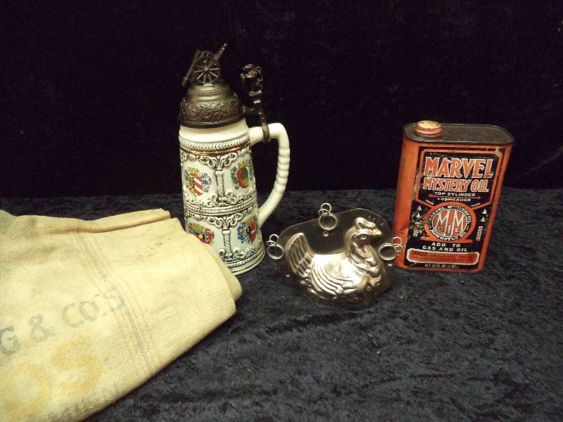 Lot - Cannon Stein, Marvel Mystery Can, Gunny Sack, Rooster Mold