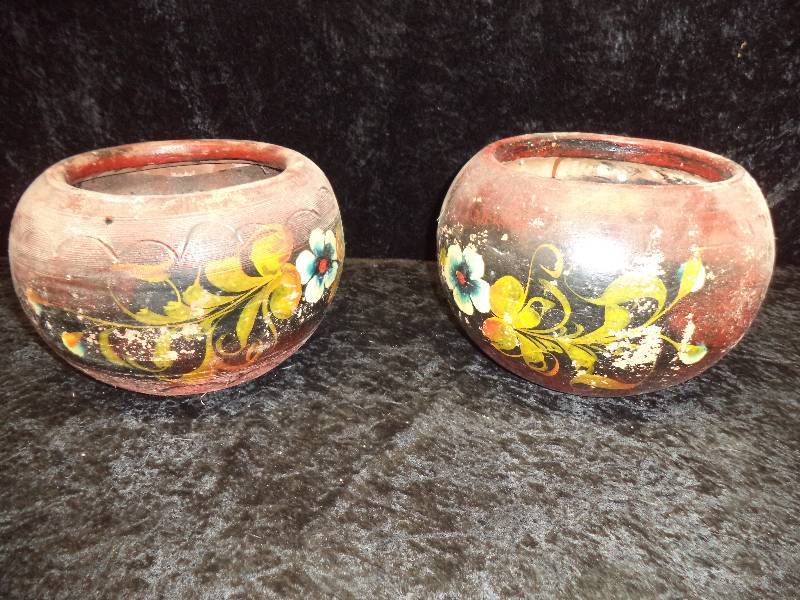 Pair - Handpainted Clay Planters