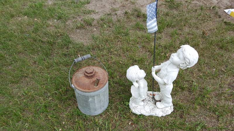 Vintage Gas Can & Garden Statue