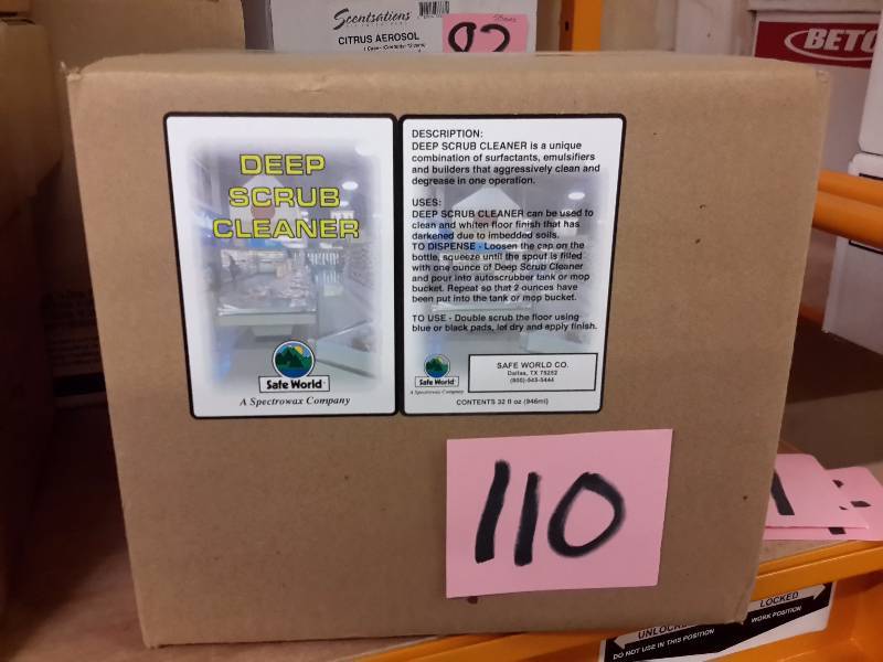 lot 110 image: 1 Case of DEEP SCRUB CLEANER. Hmm.. Doesnt say how many bottles..  Full case.. 32 oz bottles.. Either 4 or 6..