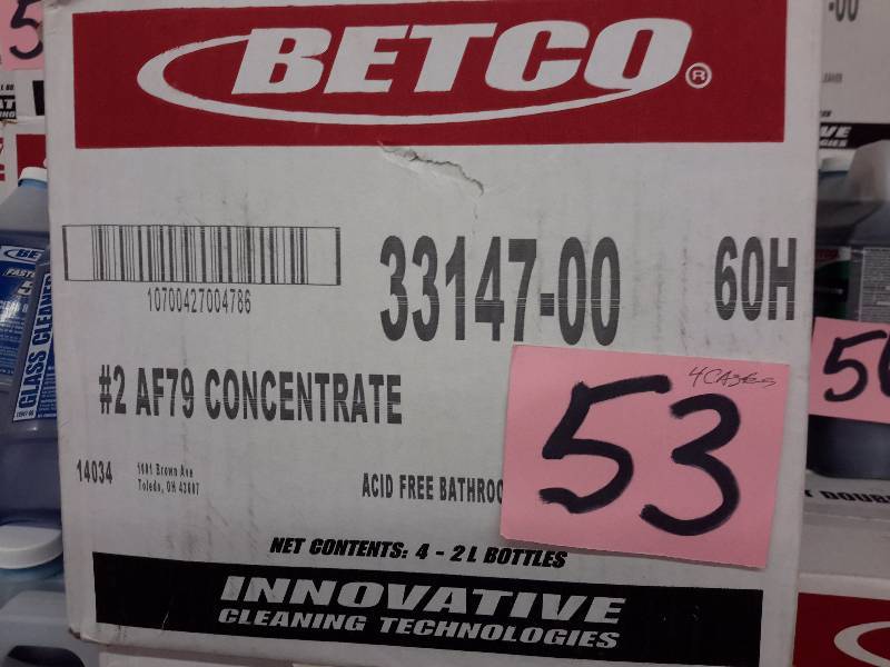 lot 53 image: 4 Cases, BETCO, 33147-00, No 2 AF79 Concentrate.. Acid Freee Bathroom Cleaner.. 4, 2 liter bottles per case