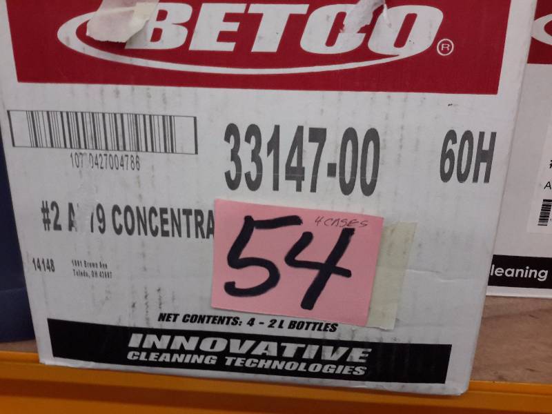 lot 54 image: 4 Cases, BETCO, 33147-00, No 2 AF79 Concentrate.. Acid Freee Bathroom Cleaner.. 4, 2 liter bottles per case