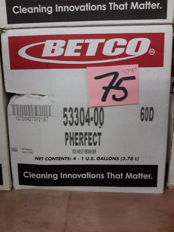 lot 75 image: 3 Cases, BETCO, 53304-00, PHERFECT Ice Melt Remover.. 4, 1 Gallon jugs per case