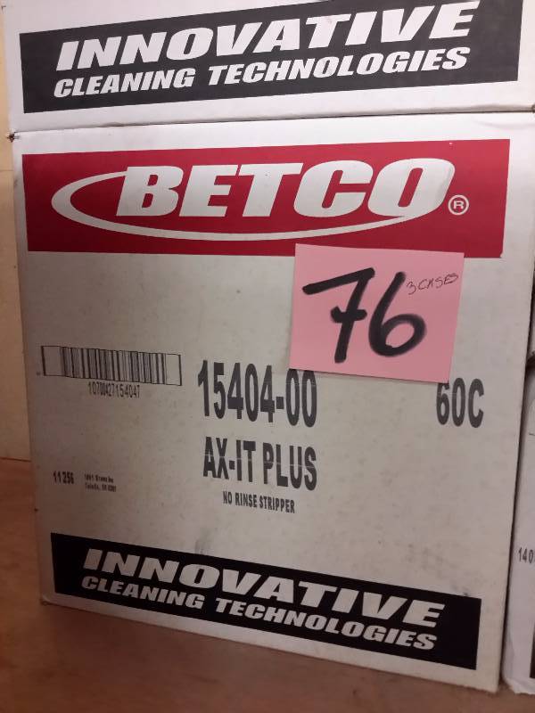 lot 76 image: 3 Cases, BETCO, 15404-00 AX IT PLUS No Rinse Stripper.  Not sure how many bottles per case
