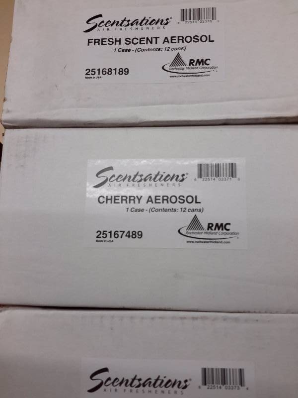 lot 81 image: 6 cases RMC, Scentsations Aerosol Deodorizers. 12 Cans per case.. Cherry, Cinnamon and Fresh Scent