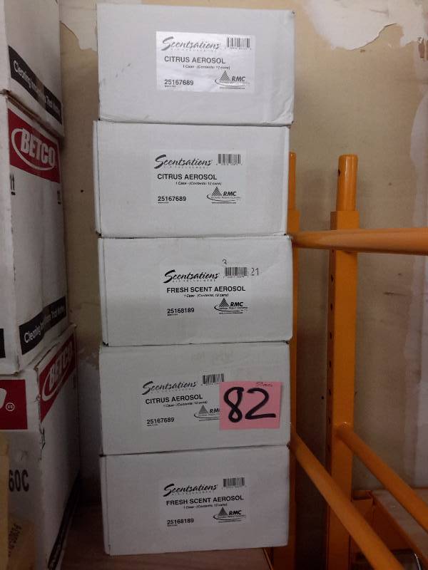 lot 82 image: 5 Cases, RMC, Scentsations Aerosol Deodorizers.. 12 Cans per case..  Citrus and Fresh Scent.