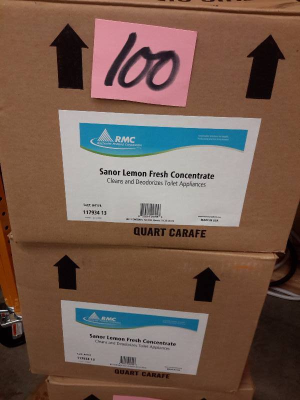 lot 100 image: 2 Cases, RMC Sanor Lemon Fresh Concentrate, Cleans and Deodorizes Toilet appliances..  12, 1 quart bottles per case