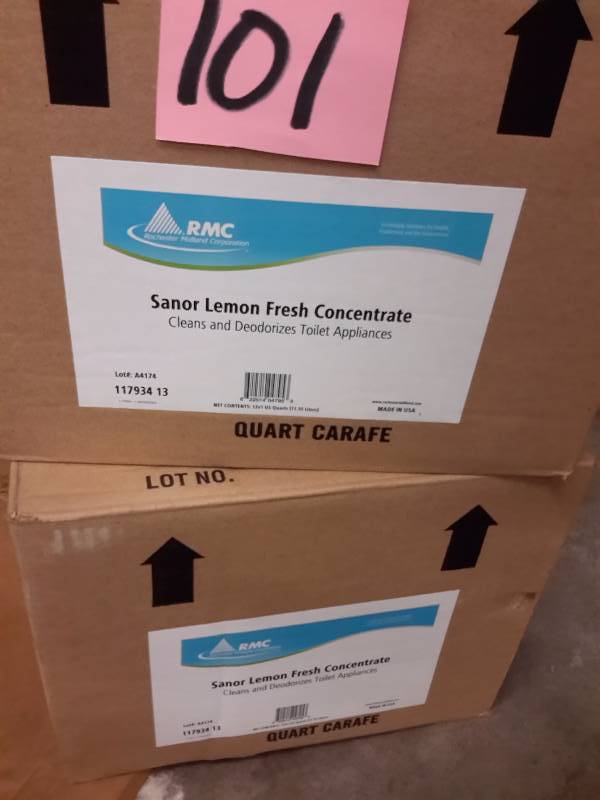 lot 101 image: 2 Cases, RMC Sanor Lemon Fresh Concentrate, Cleans and Deodorizes Toilet appliances..  12, 1 quart bottles per case