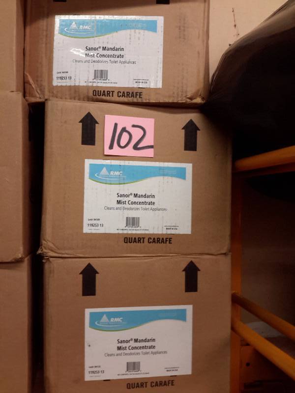 lot 102 image: 3 Cases, RMC Sanor, Concentrate, Cleans and Deodorizes Toilet Appliances.  All three cases Mandarin Mist.  12, 1 quart bottles per case