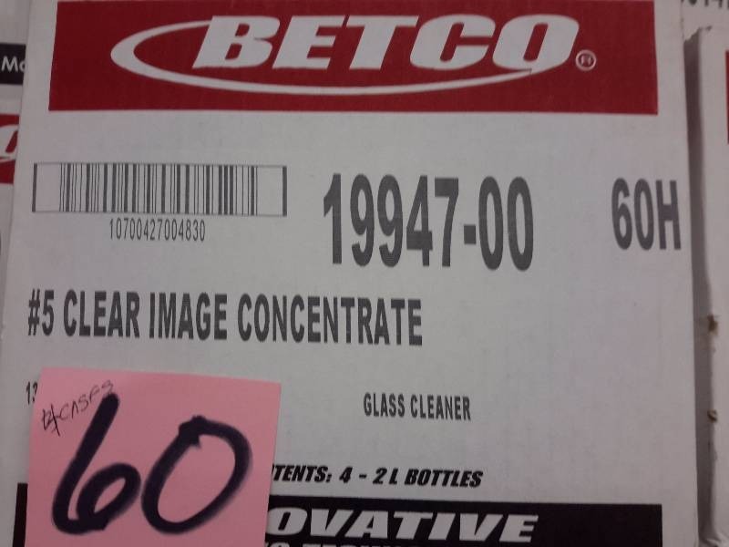 lot 60 image: 4 Cases, BETCO, 19947-00, No 5 Clear Image Concentrate, Glass Cleaner.. 4, 2 liter bottles per case