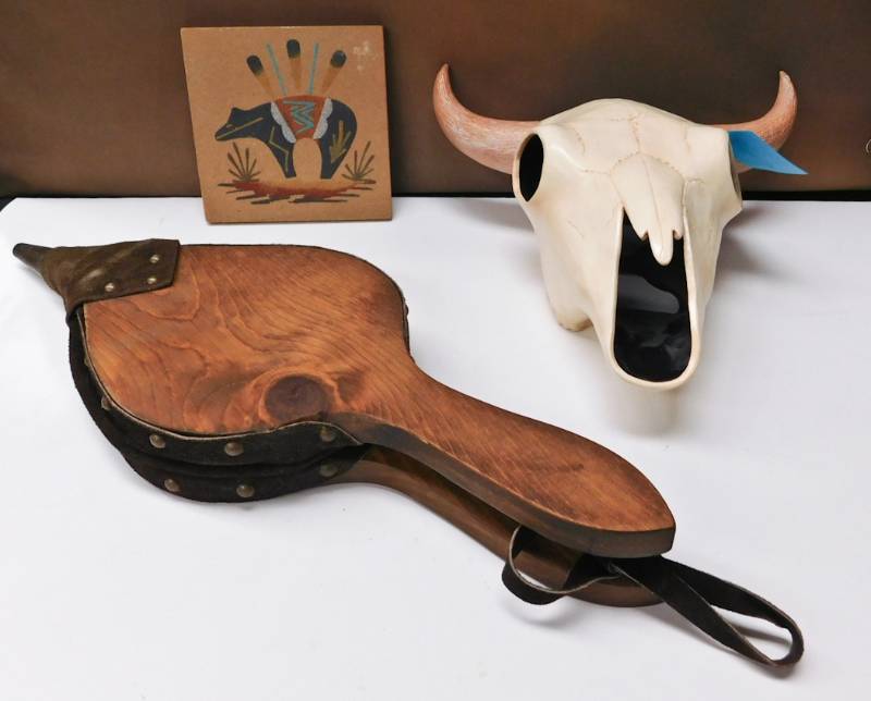 ceramics cow skull, SW native art, bellows