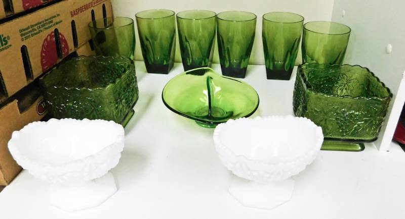 green atlas and white milk glass items