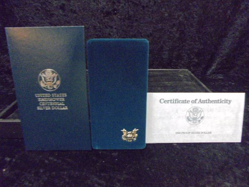 1990 Eisenhower Centennial Proof Silver Dollar in velvet display, 90% silver