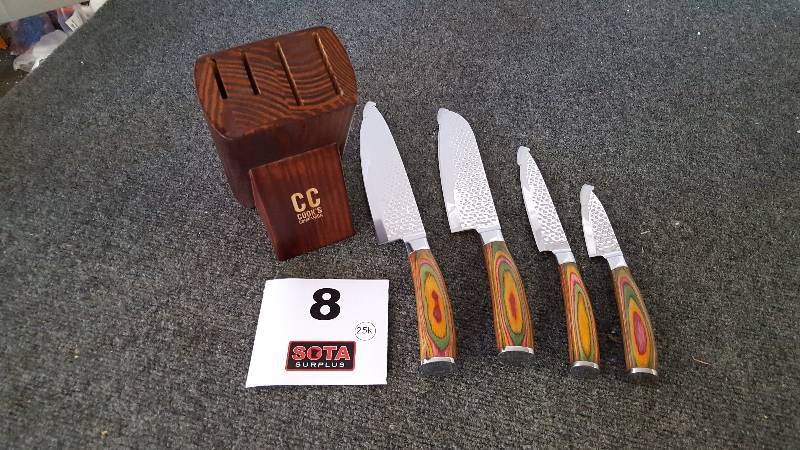 lot 8 image: Cooks Companion Five-Piece Hammered Stainless Steel Knife & Full Grain Wood Block Set