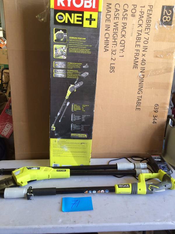 lot 71 image: Ryobi Cordless Pole Saw New battery not included