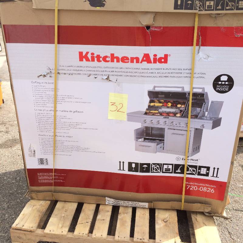 lot 32 image: Kitchen Aid 6-Burner Dual Chamber Gas Grill in Stainless Steel New