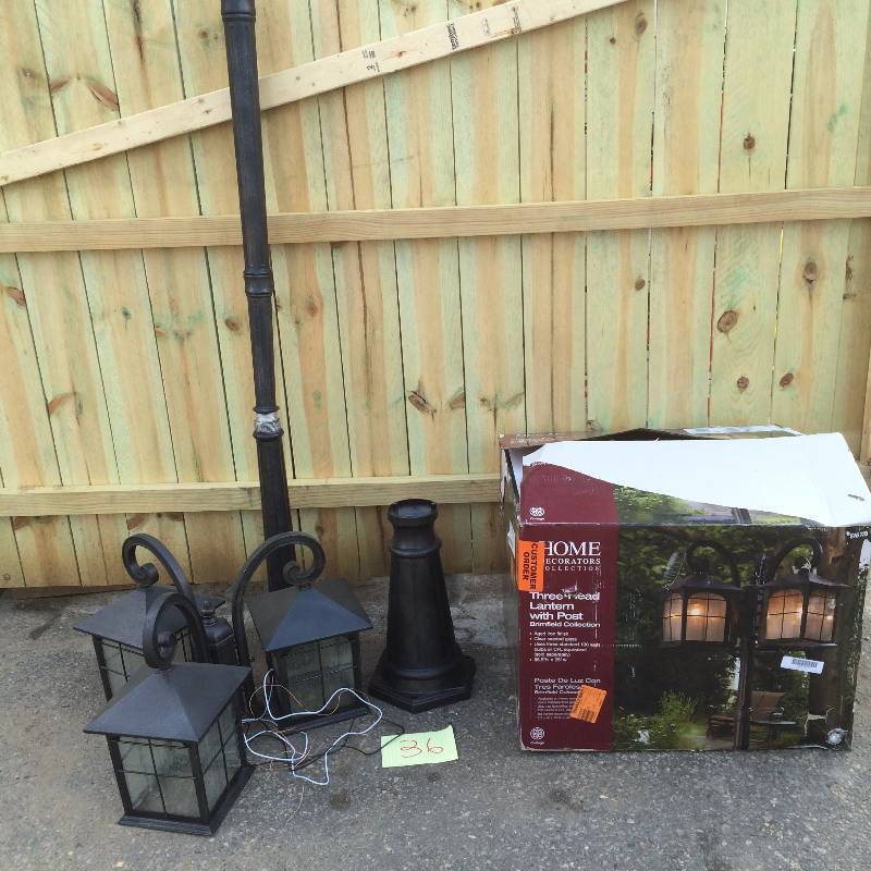 lot 36 image: Brimfield 3-Head Aged Iron Outdoor Post Light