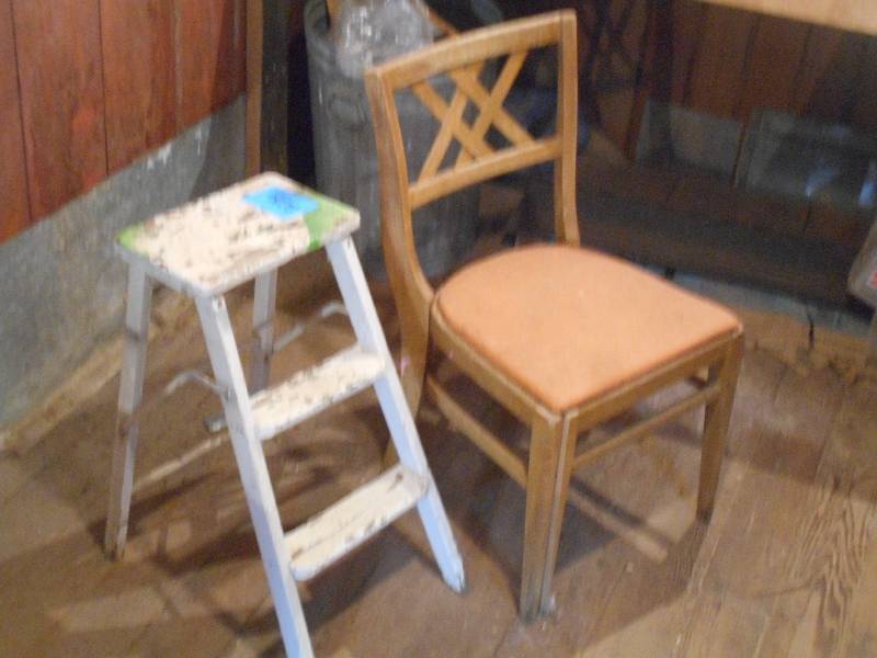 lot 205 image: Vintage Wood Step Stool & Dining Ch...