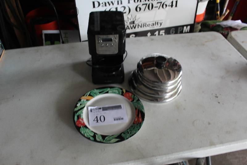 lot 40 image: Lot of (7) Including 2) Decorative Plates AND 4) Pot Lids AND) 1) Coffee Maker wo Coffee Pot
