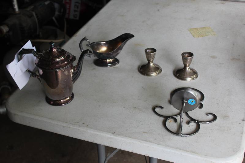 lot 38 image: Lot of (6) Polished Steel Serving Set Including 2) Candle Holders AND 1) Tea Pot AND 1) Gravy Bowl AND 1) Candy Bowl AND 1) Wall Decoration