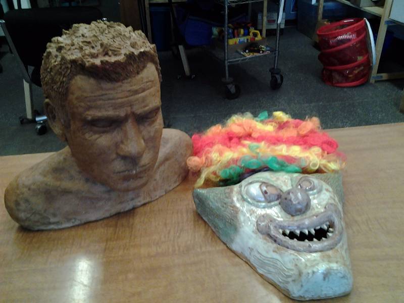 lot 32 image: Pottery Bust, Pottery Clown Face, Clown Wig