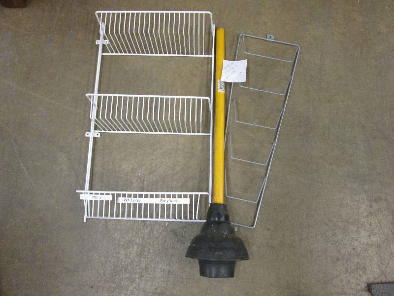 Plunger, metal bathroom shelves...