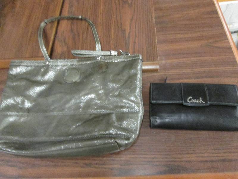 Shiny grey Coach purse with clutch...