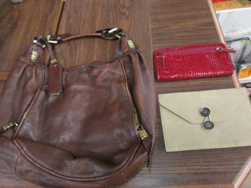 Large brown leather purse, Red clut...
