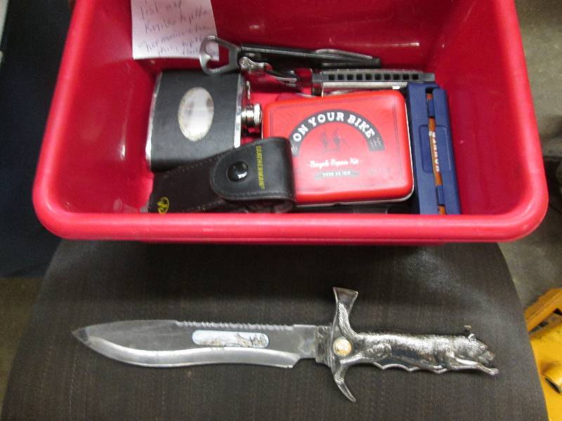 Collectible knife, flask, harmonica...