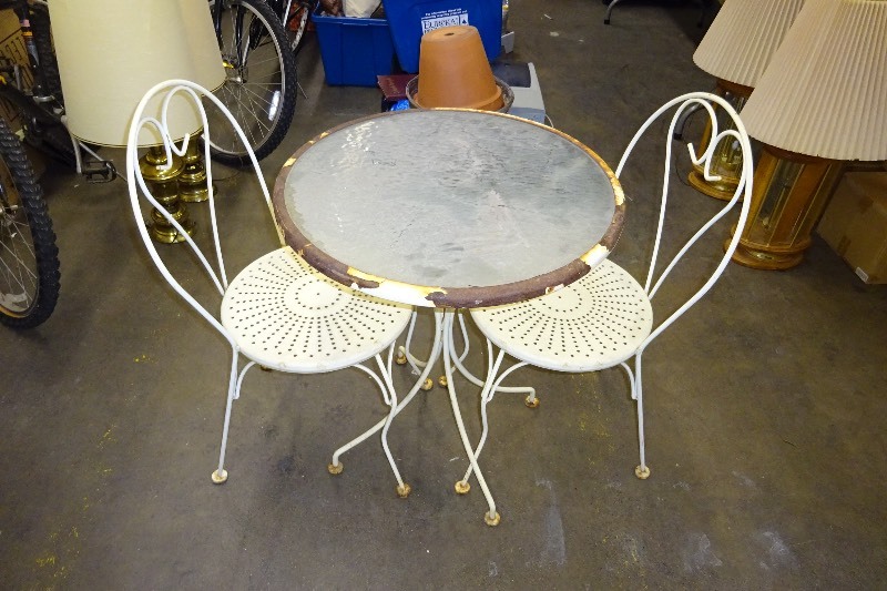 lot 89 image: Metal Table glass top and 2 metal chairs