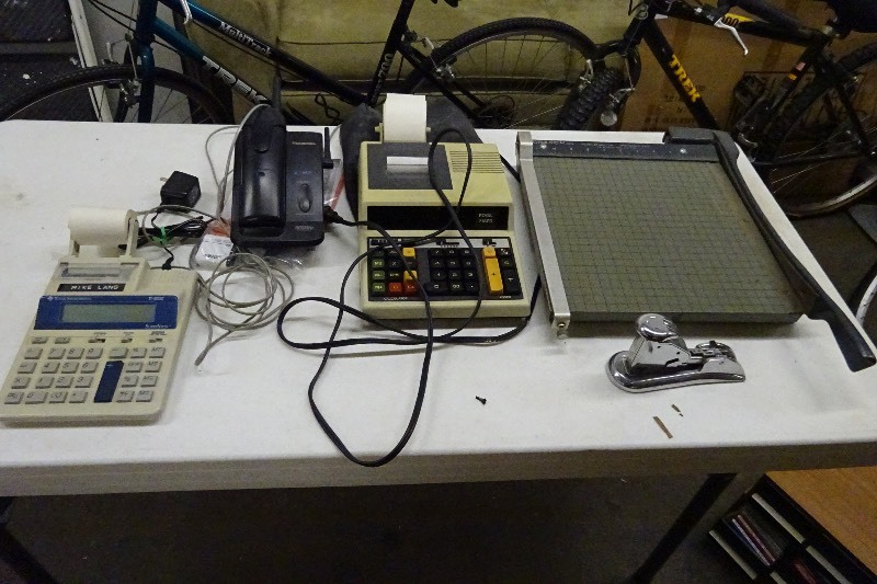 lot 108 image: 2 adding machines, staple gun, paper cutter