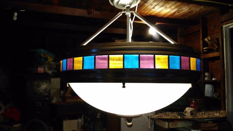 lot 51 image: Brushed Nickel and Stained Glass Ceiling Chandelier