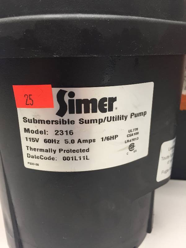 lot 25 image: SIMER SUBMERSIBLE SUMP UTILITY PUMP