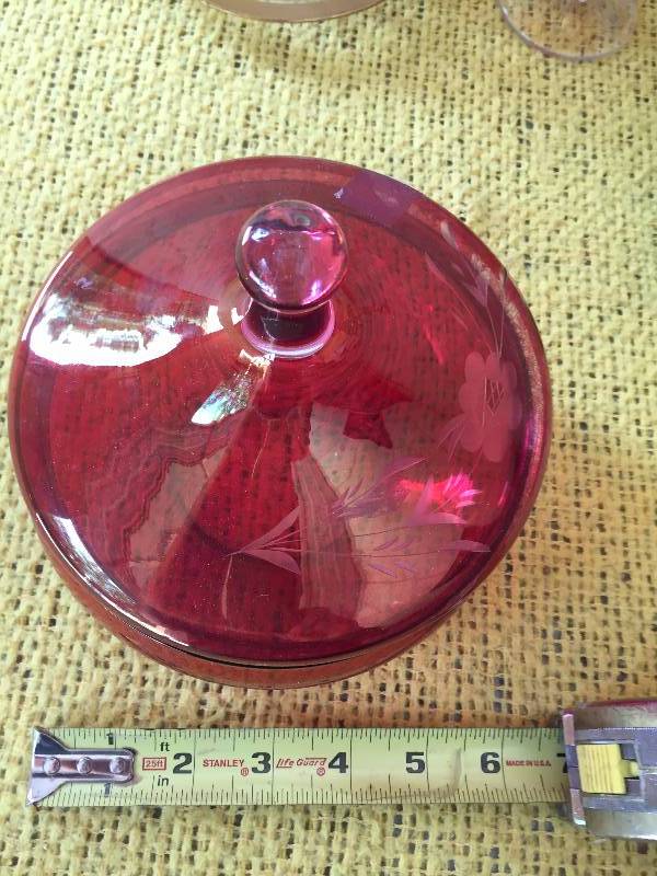 lot 35 image: Vintage Collectible Depression Glass Satin Sawtooth Rose Ruby Red Bohemian Amber Etched Glass Lot - Excellent Condition - No Chips - Exception Is Amber Decanter Has Stress Fracture Near Handle