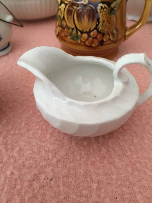lot 40 image: Vintage Collectible Teapot Pitcher & More Lot - Highlights - Ellgreave Made In England Rooster & Burleigh Ware Burgess & Leigh Ironstone White Swirl Cream & Sugar - Excellent Condition No Chips