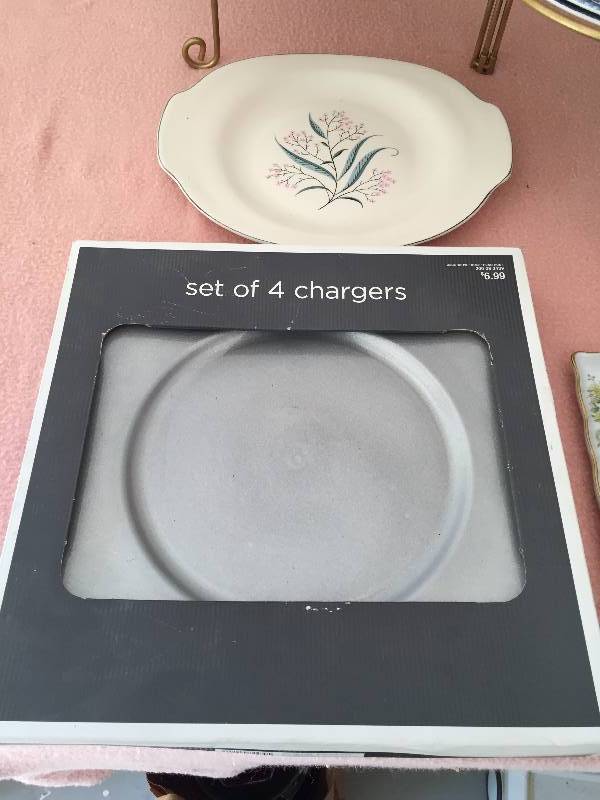 lot 42 image: New Charger Plates & Plastic Serving Platters Decorative Gold Display Plateholder with Vintage Collectible Cake Plates 1 Is Limoges  More Excellent Condition No Chips