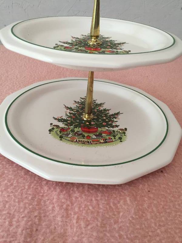 lot 52 image: Vintage Collectible PFALTZGRAFF USA 2 Tiered Christmas Tree Train Snacks Cookies SERVING TRAY w Handle