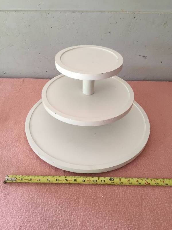 lot 58 image: Heavy Duty Wood Large White 3 Tier Server WEDDING Catering Banquet Cupcake Rotating Display Stand Tiered Tidbit Truffle Carousel Serving Tray COTTAGE CHIC Cupcake Tower