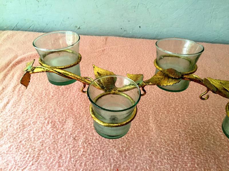 lot 51 image: Gorgeous Vintage Hollywood Regency Burnish Gold Leaf Gilt Vines 3 Foot Centerpiece 10 Votive Lights Candle Holder - Hooks TO Hang Jewels, Decorations or Ornaments - Beginning Signs Of Patina