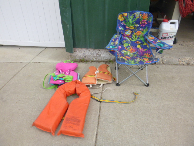 3 Childs Life Jackets and Fold-Up Chair