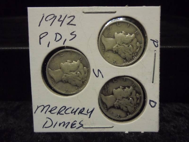 1942 P,D,S, Mercury Dimes, 90% Silver