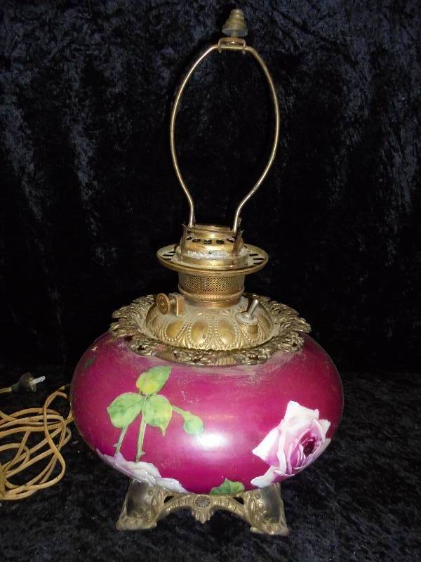 Vintage Lamp, Red with Handpainted Flowers