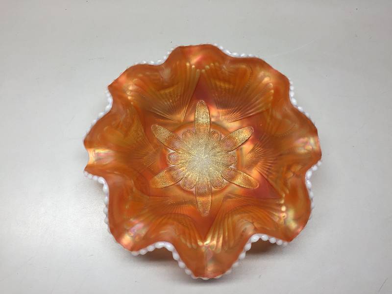 CARNIVAL GLASS RUFFLED BOWL WITH MILKY WHITE EDGES