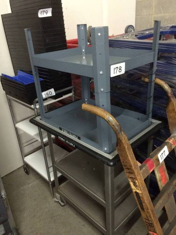 1 metal shelf (stationary) and 1 rolling cart