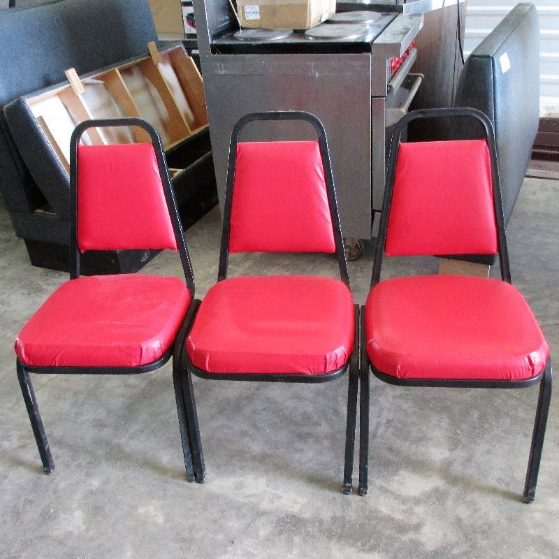 lot 114 image: 3 RED VINYL CHAIRS WITH RED BACKS