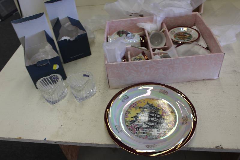 lot 56 image: Lot of (3) Collectible Table Decorations Including (2) Waterford Crystal heart-shaped bowlsJapanese bone China Set of Plates, Cups