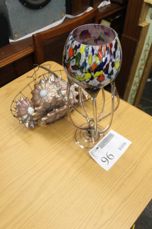 lot 96 image: Lot of (2) Table Decorations including Hand-blown glass vasebowl