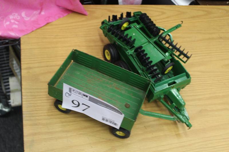lot 97 image: Lot of (3) John Deere Die-cast Set Including 1) Hay Bailer AND 1) Tiller AND 1) Pull Trailer