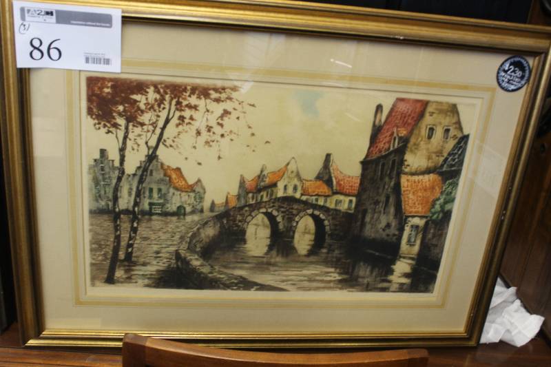 lot 86 image: Lot of (3) Framed Wall Art Including 1) AND 1) Autumn Shoreline AND 1) De Beanyais The Lace Walkers Bridge Original Etching Hand Made Artist Proof