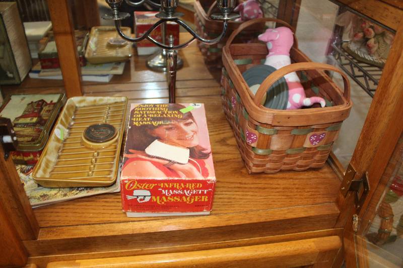 lot 200 image: Shelf Lot Including Oster Massager, Table Decorations